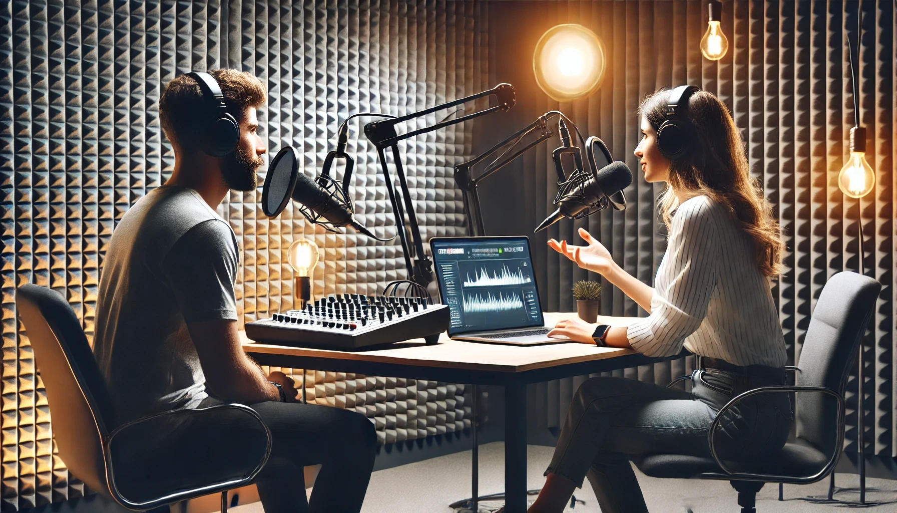 A podcast host conducting a live interview in a modern studio.