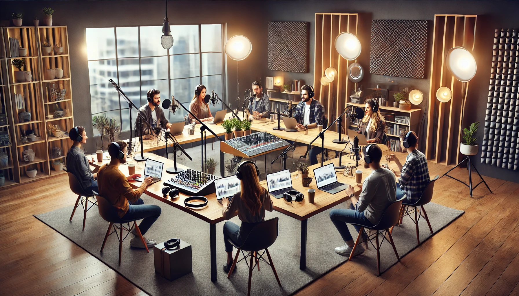 A group of podcasters having a lively panel discussion in a modern studio. 