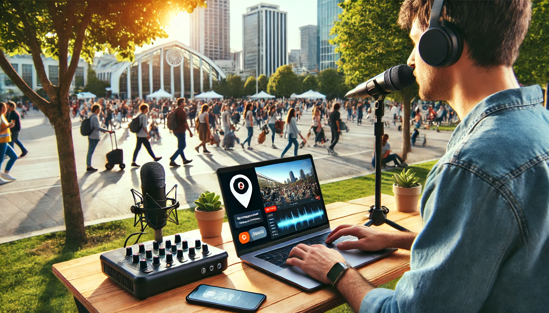 A podcaster recording a live podcast outdoors, using a mobile setup with a microphone and laptop.