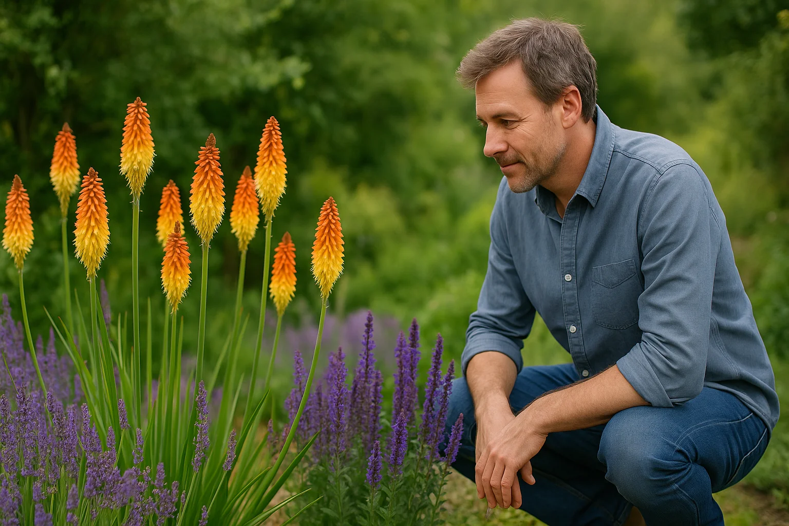 A man examines a bright red hot poker border, where fiery blooms rise above soothing lavender and sage — a perfect trio for a drought-tolerant garden.
