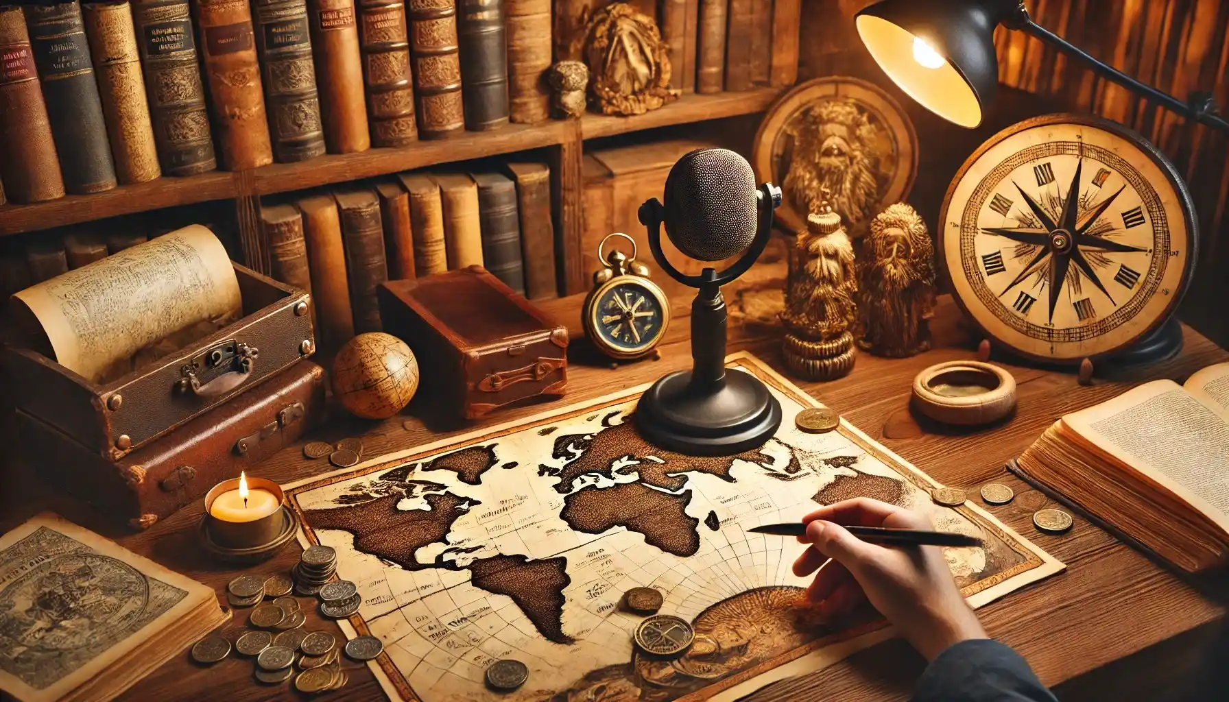 A vintage-inspired podcast studio setup featuring a host recording an episode about travel, history and coins.