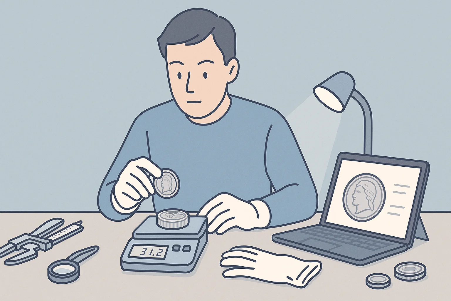 A focused collector checks the weight of a modern coin via a digital scale.