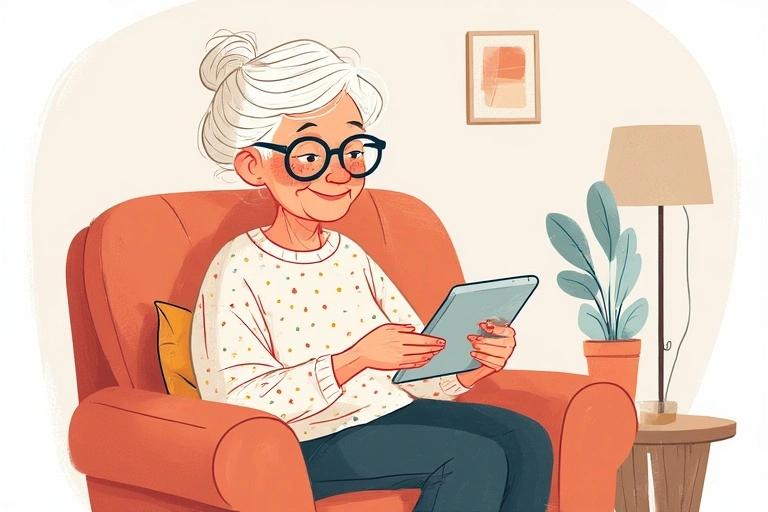 An elderly woman uses a tablet while sitting in an armchair