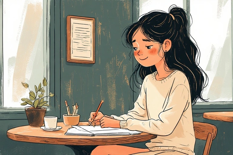 A girl fills out a notebook while sitting in a cafe