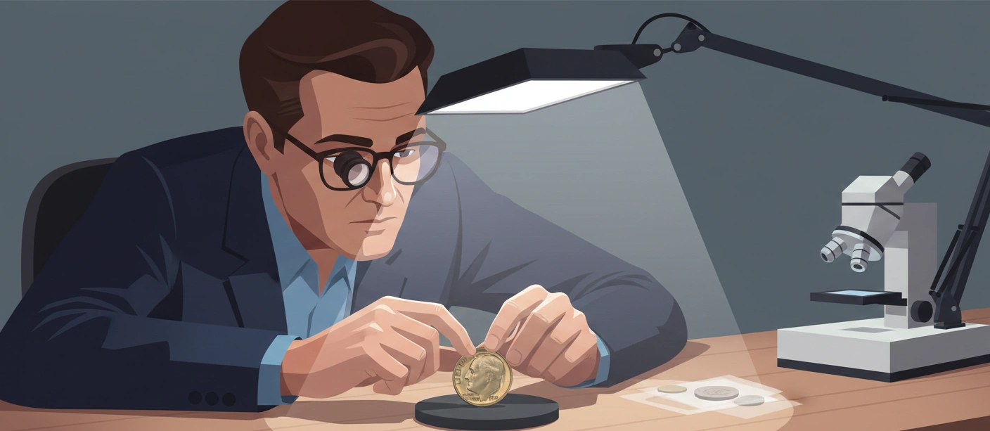 A coin dealer inspecting a 1970 Roosevelt dime no mint mark under bright desk lamp