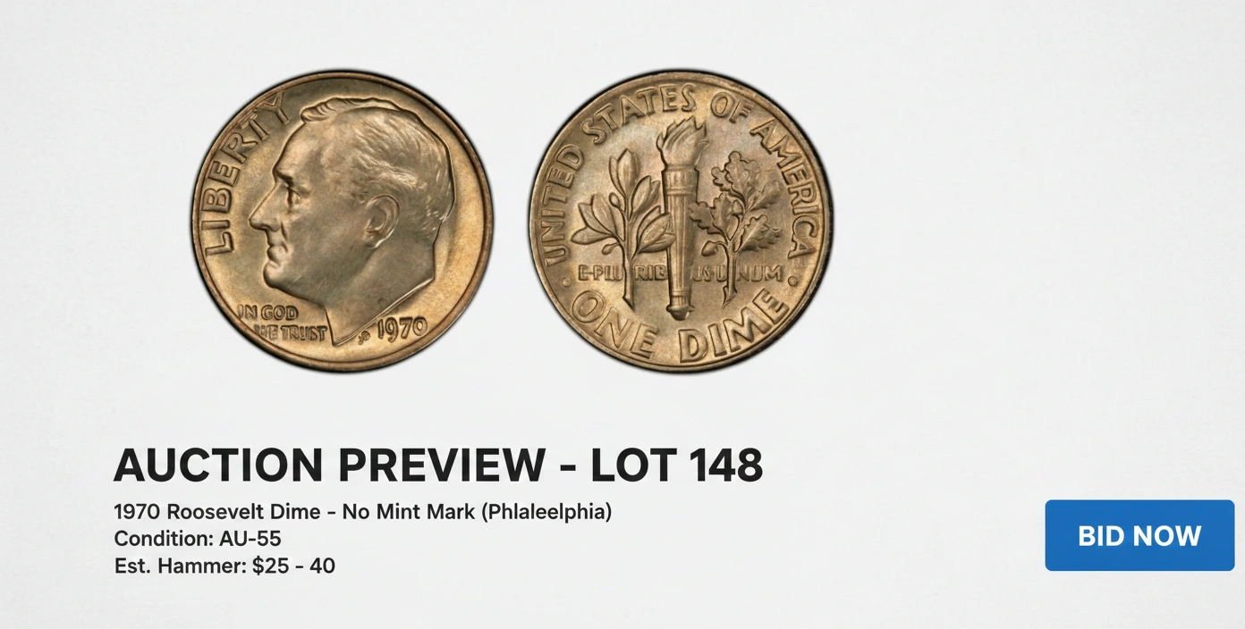 An auction preview screen featuring a 1970 Roosevelt dime no mint mark